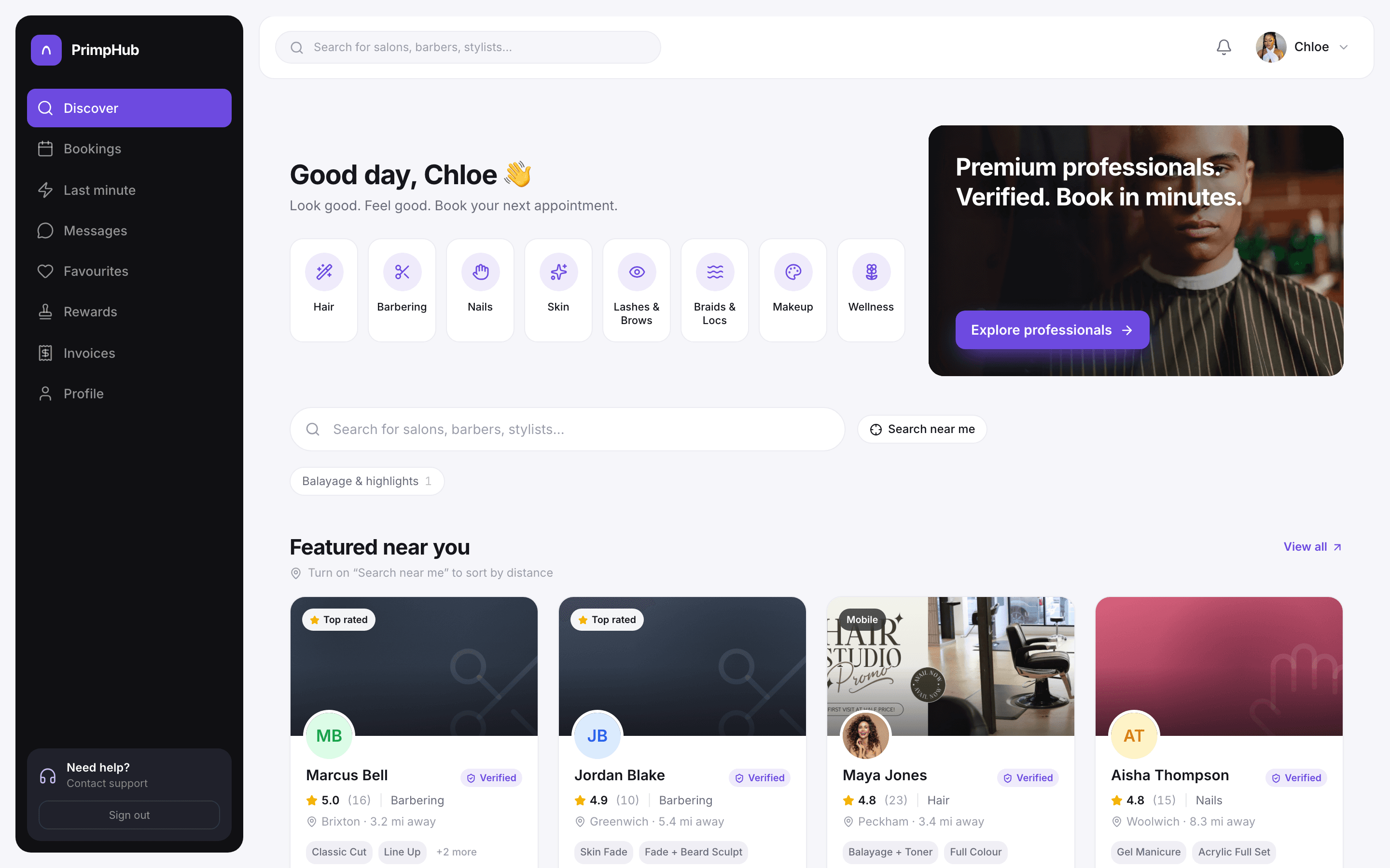 The PrimpHub web app, showing a customer browsing professionals